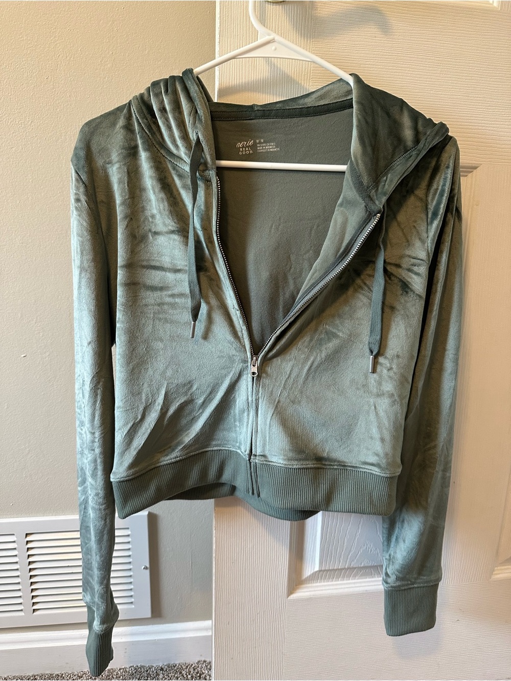 Aerie Velvet Zip-Up Hoodie in Sage Green